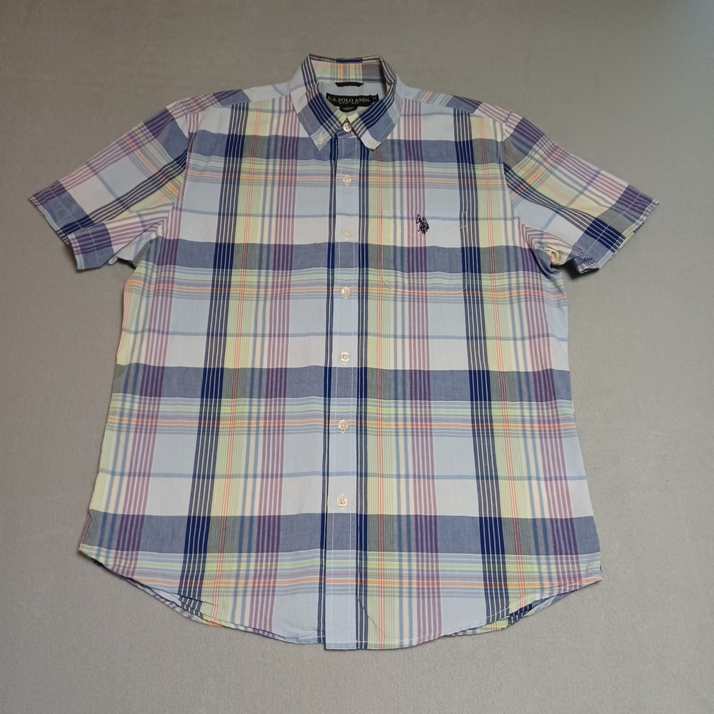 US Polo Assn Mens Plaid Short Sleeve Button Down Shirt Blue Multi Medium 11D791